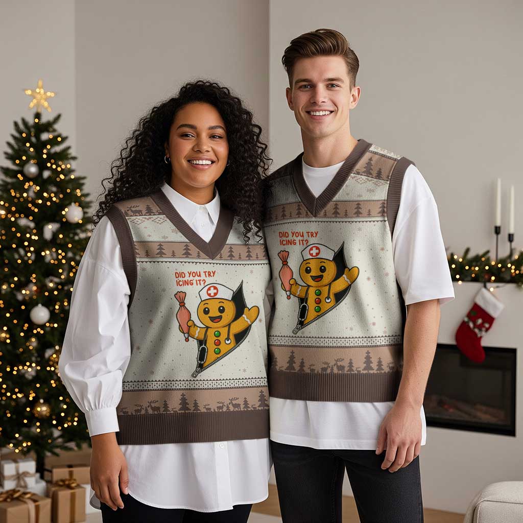 Funny ICU Nurse Xmas V-Neck Knit Sweater Vest Gingerbread Did You Try Icing It TS14 Mocha Mousse Print Your Wear