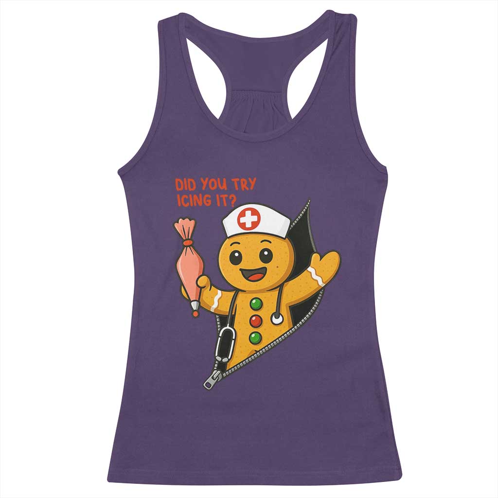 Funny ICU Nurse Christmas Racerback Tank Top Gingerbread Did You Try Icing It TS14 Purple Print Your Wear
