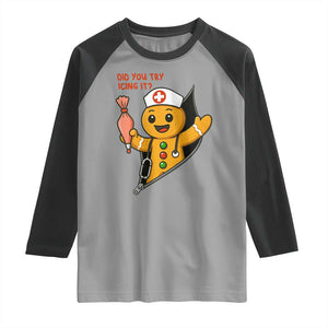 Funny ICU Nurse Christmas Raglan Shirt Gingerbread Did You Try Icing It TS14 Sport Gray Black Print Your Wear