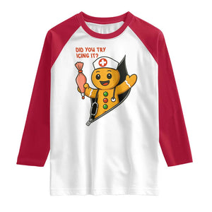 Funny ICU Nurse Christmas Raglan Shirt Gingerbread Did You Try Icing It TS14 White Red Print Your Wear