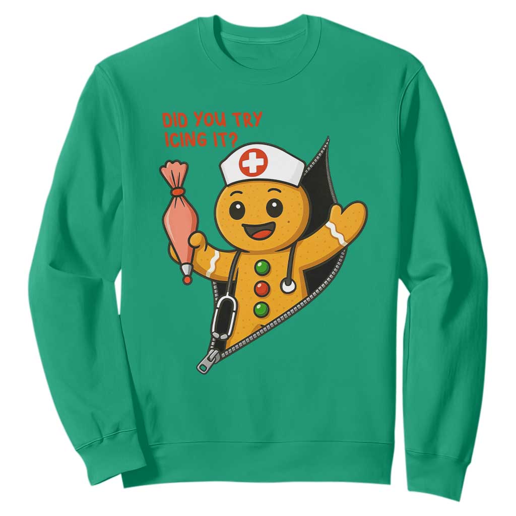 Funny ICU Nurse Christmas Sweatshirt Gingerbread Did You Try Icing It TS14 Irish Green Print Your Wear