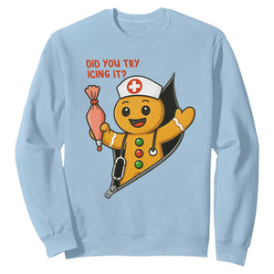 Funny ICU Nurse Christmas Sweatshirt Gingerbread Did You Try Icing It TS14 Light Blue Print Your Wear