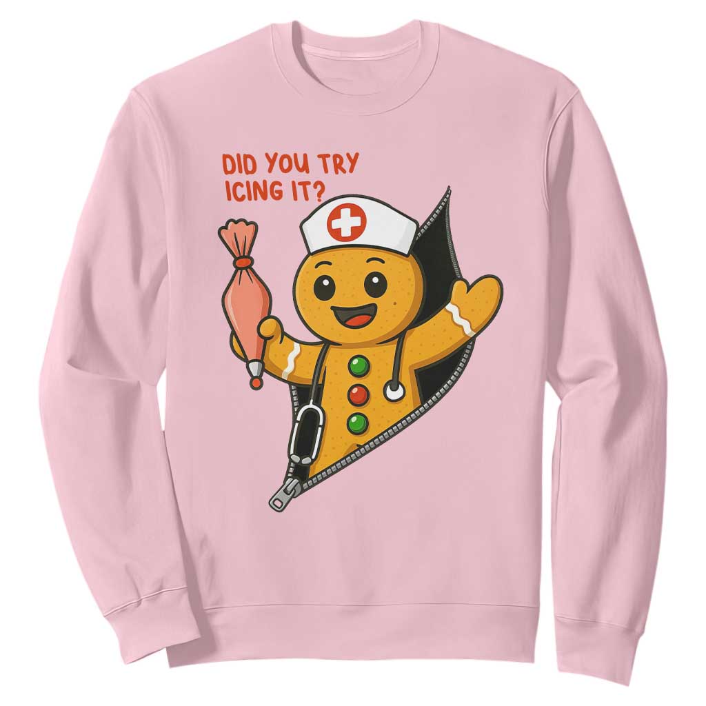 Funny ICU Nurse Christmas Sweatshirt Gingerbread Did You Try Icing It TS14 Light Pink Print Your Wear