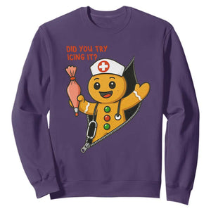 Funny ICU Nurse Christmas Sweatshirt Gingerbread Did You Try Icing It TS14 Purple Print Your Wear
