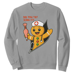 Funny ICU Nurse Christmas Sweatshirt Gingerbread Did You Try Icing It TS14 Sport Gray Print Your Wear
