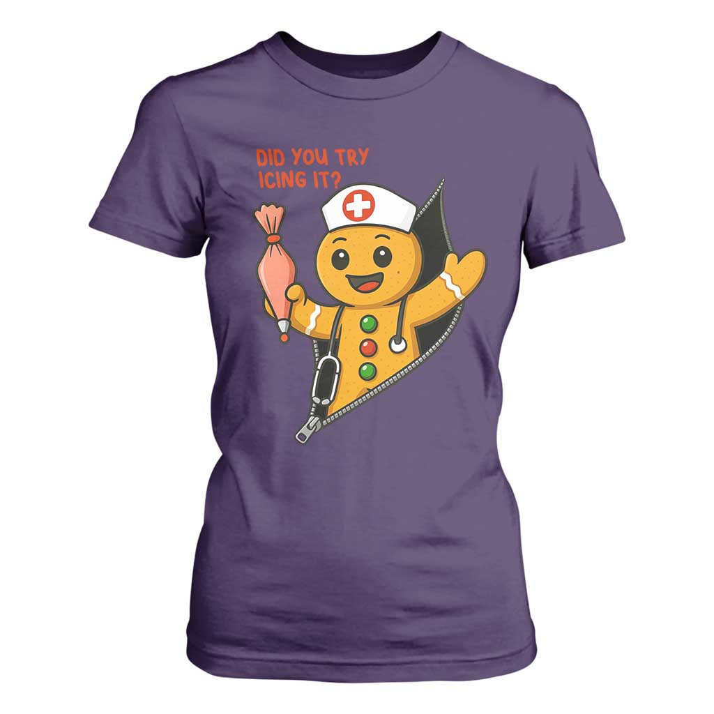 Funny ICU Nurse Christmas T Shirt For Women Gingerbread Did You Try Icing It TS14 Purple Print Your Wear