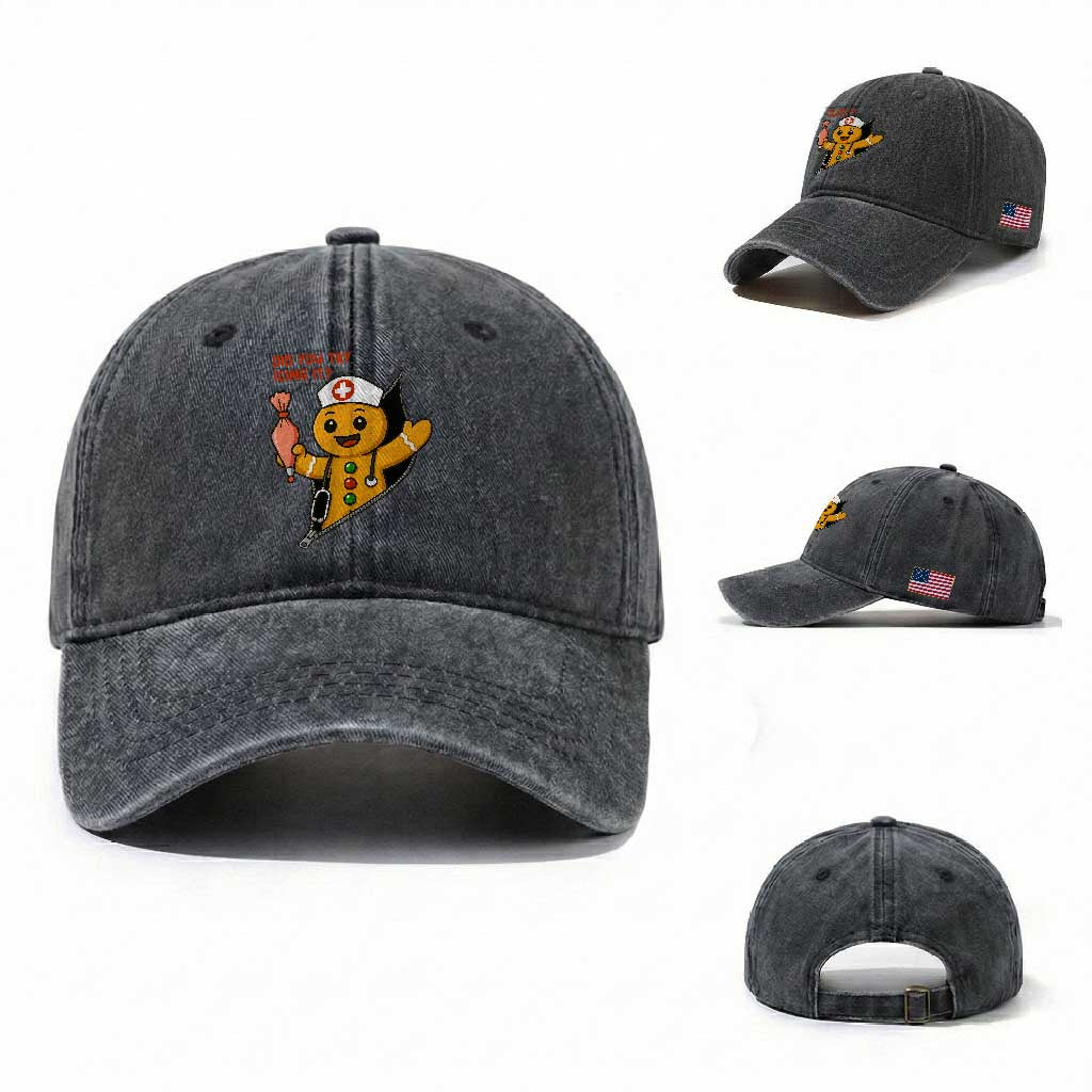 Funny ICU Nurse Christmas Washed Cotton Baseball Cap Gingerbread Did You Try Icing It TS14 Washed Cap Universal Fit Dark Gray Print Your Wear