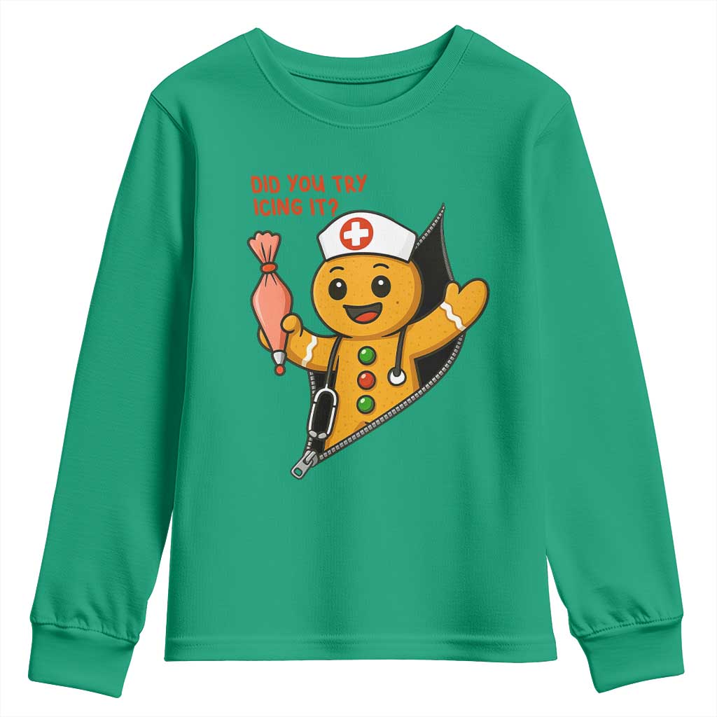 Funny ICU Nurse Christmas Youth Sweatshirt Gingerbread Did You Try Icing It TS14 Irish Green Print Your Wear