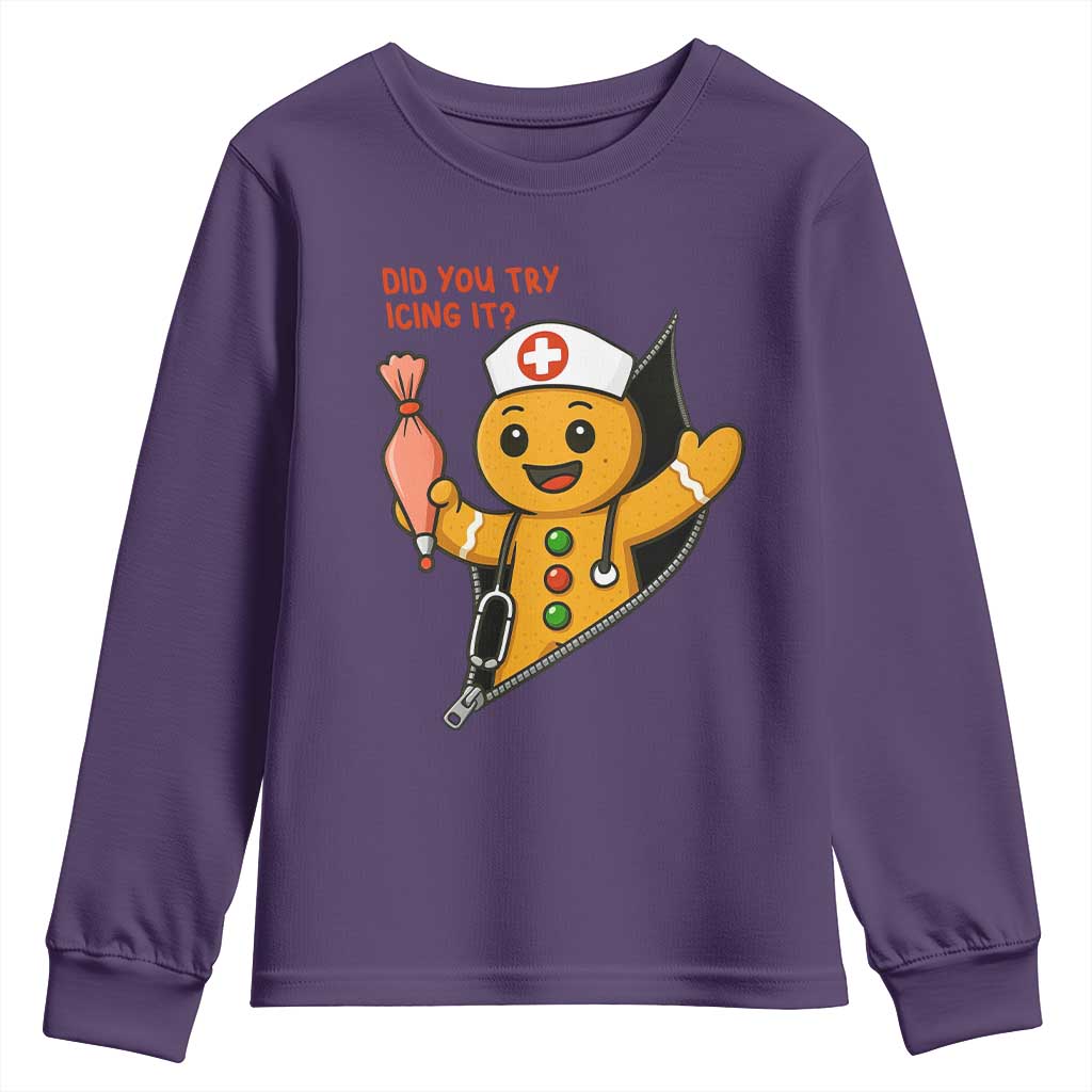 Funny ICU Nurse Christmas Youth Sweatshirt Gingerbread Did You Try Icing It TS14 Purple Print Your Wear