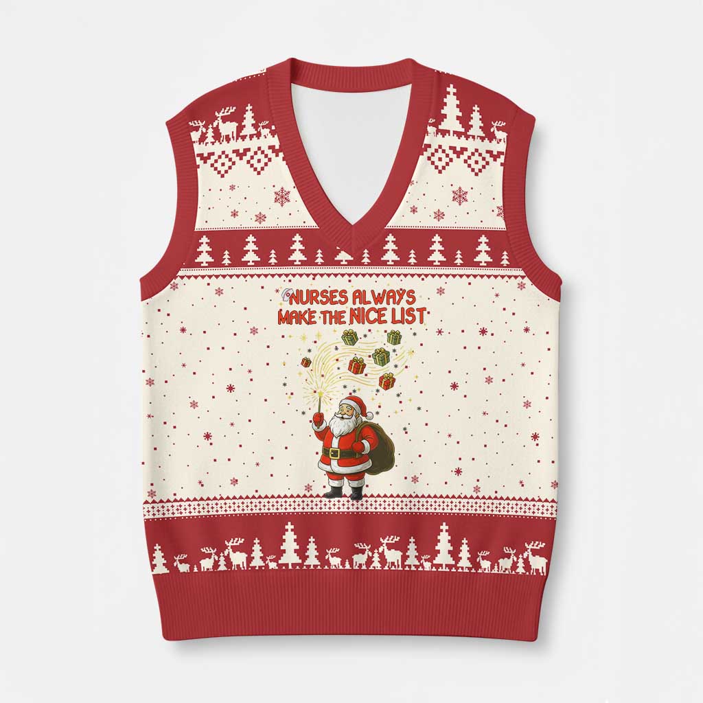 Funny Nurse Xmas V-Neck Knit Sweater Vest Nurses Always Make The Nice List TS14 Beige Red Print Your Wear