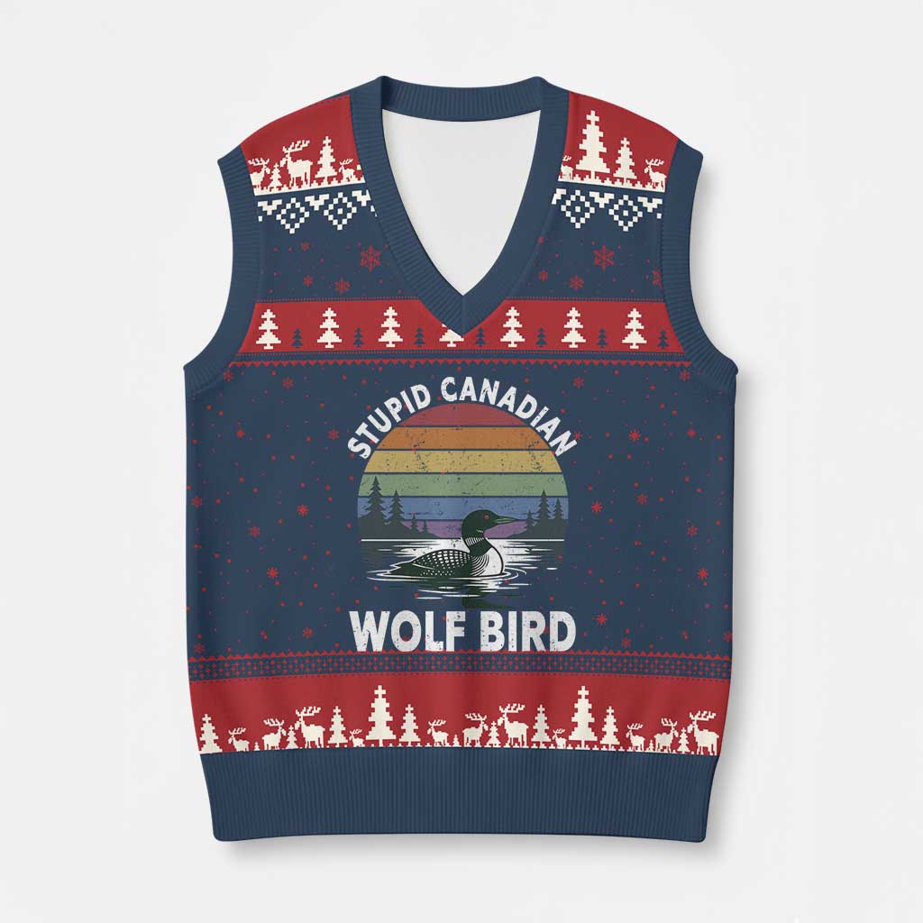 Stupid Canadian Wolf Bird V-Neck Knit Sweater Vest Sarcastic Animal Meme TS14 Navy Red Print Your Wear