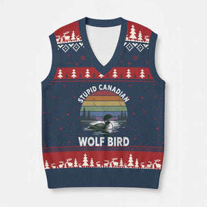 Stupid Canadian Wolf Bird V-Neck Knit Sweater Vest Sarcastic Animal Meme TS14 Navy Red Print Your Wear