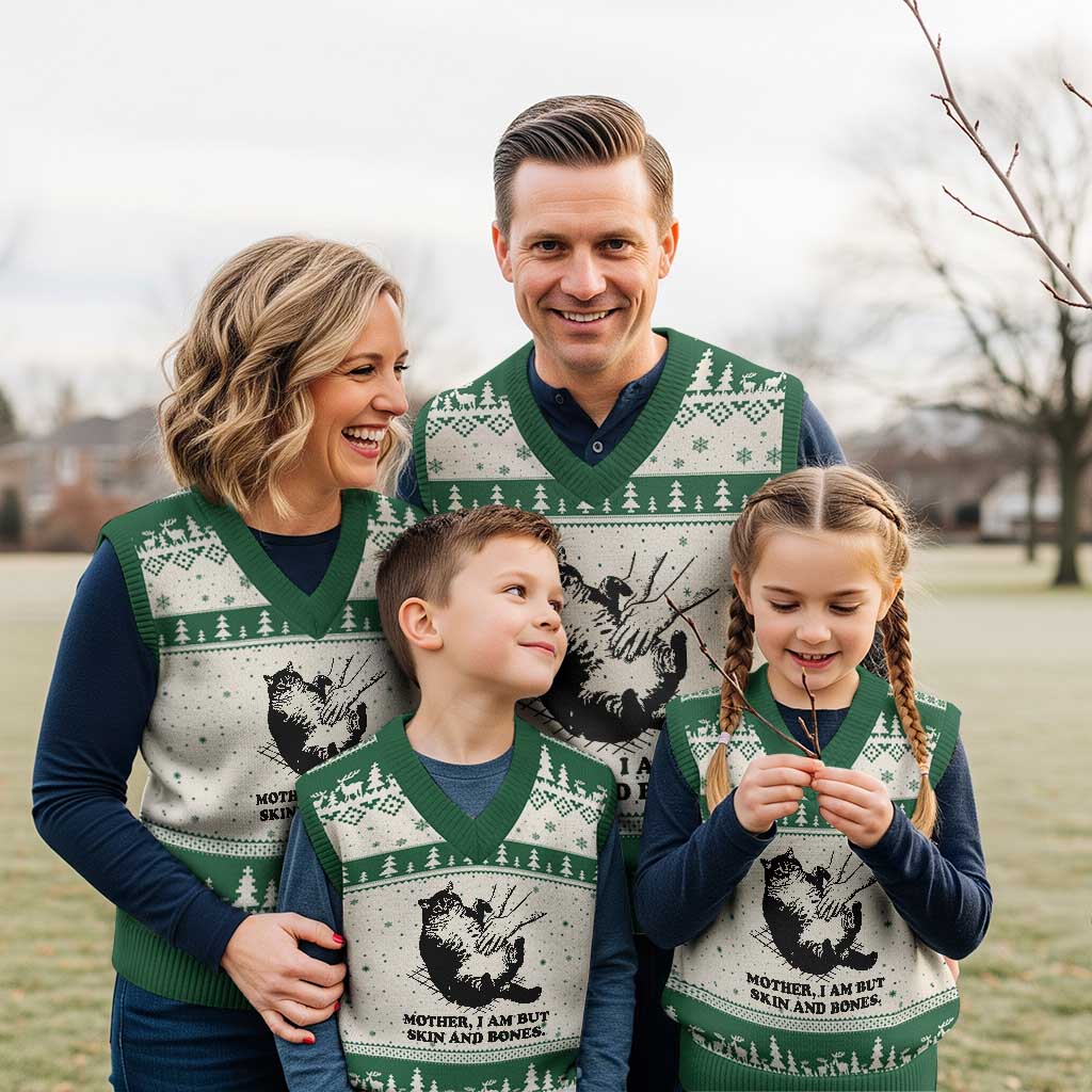 Funny Cat Mom Cat Lover V-Neck Knit Sweater Vest Mother I Am But Skin and Bones TS14 Beige Green Print Your Wear