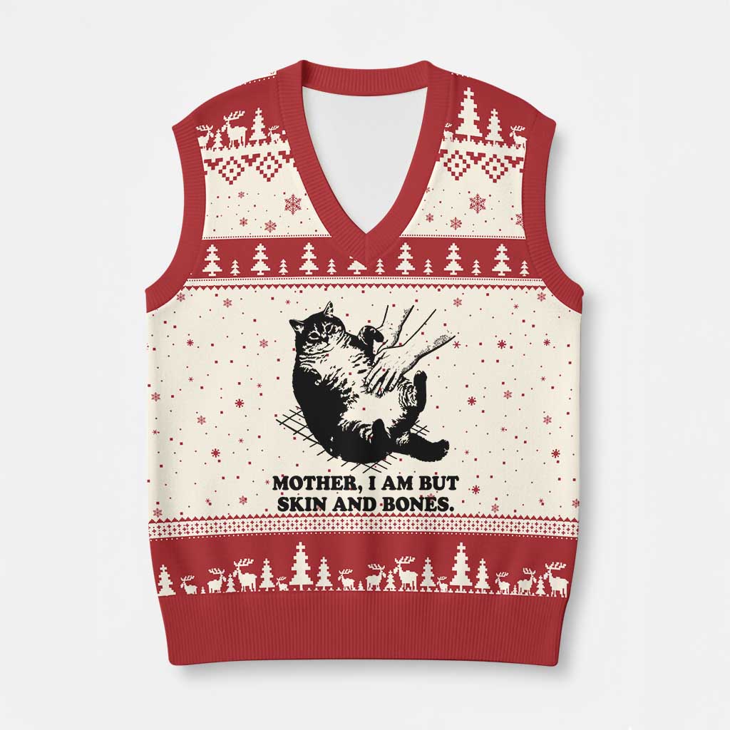 Funny Cat Mom Cat Lover V-Neck Knit Sweater Vest Mother I Am But Skin and Bones TS14 Beige Red Print Your Wear