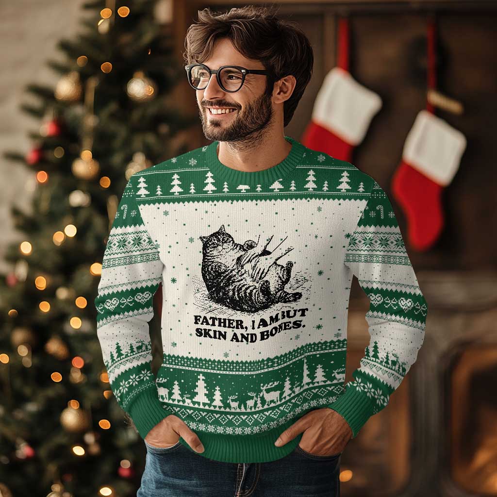 Funny Cat Dad Cat Lover Ugly Christmas Sweater Father I Am But Skin and Bones TS14 Beige Green Print Your Wear