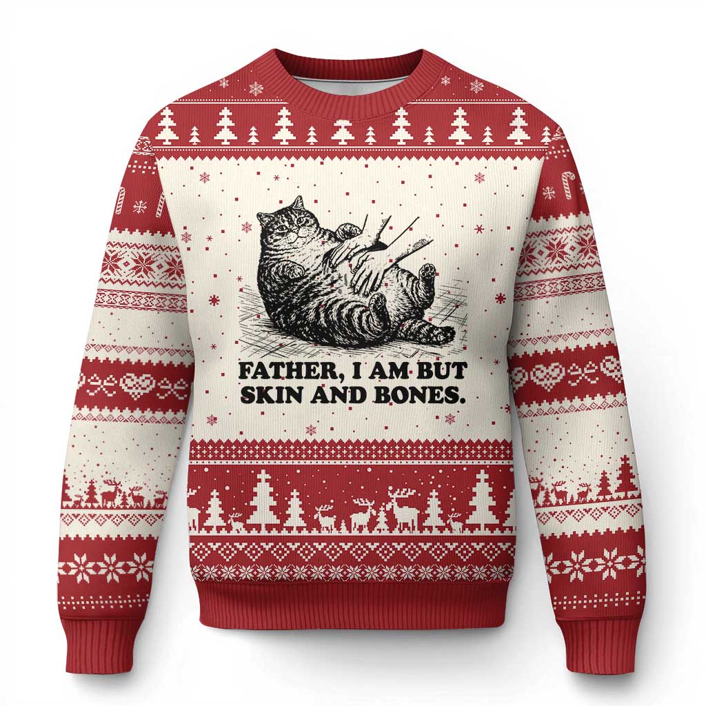 Funny Cat Dad Cat Lover Ugly Christmas Sweater Father I Am But Skin and Bones TS14 Beige Red Print Your Wear