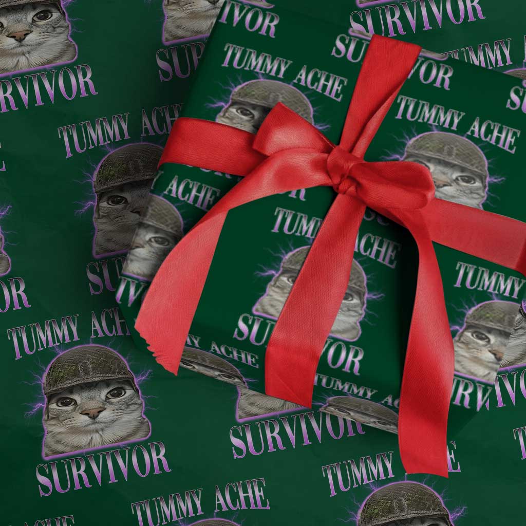 Tummy Ache Survivor Cat Meme Wrapping Paper Roll Funny Trending Oddly Specific Brainrot Memes TS10 Green Print Your Wear