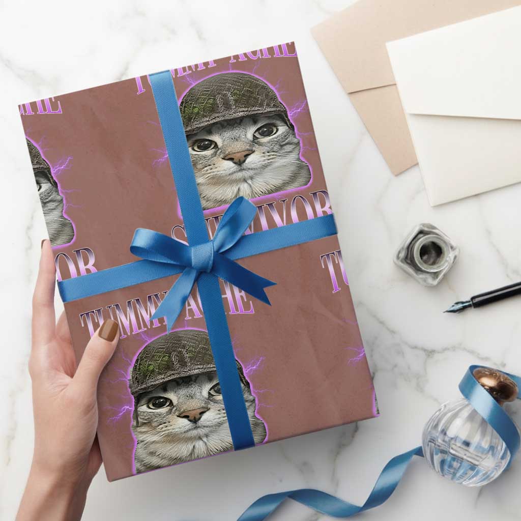 Tummy Ache Survivor Cat Meme Wrapping Paper Roll Funny Trending Oddly Specific Brainrot Memes TS10 Mocha Print Your Wear