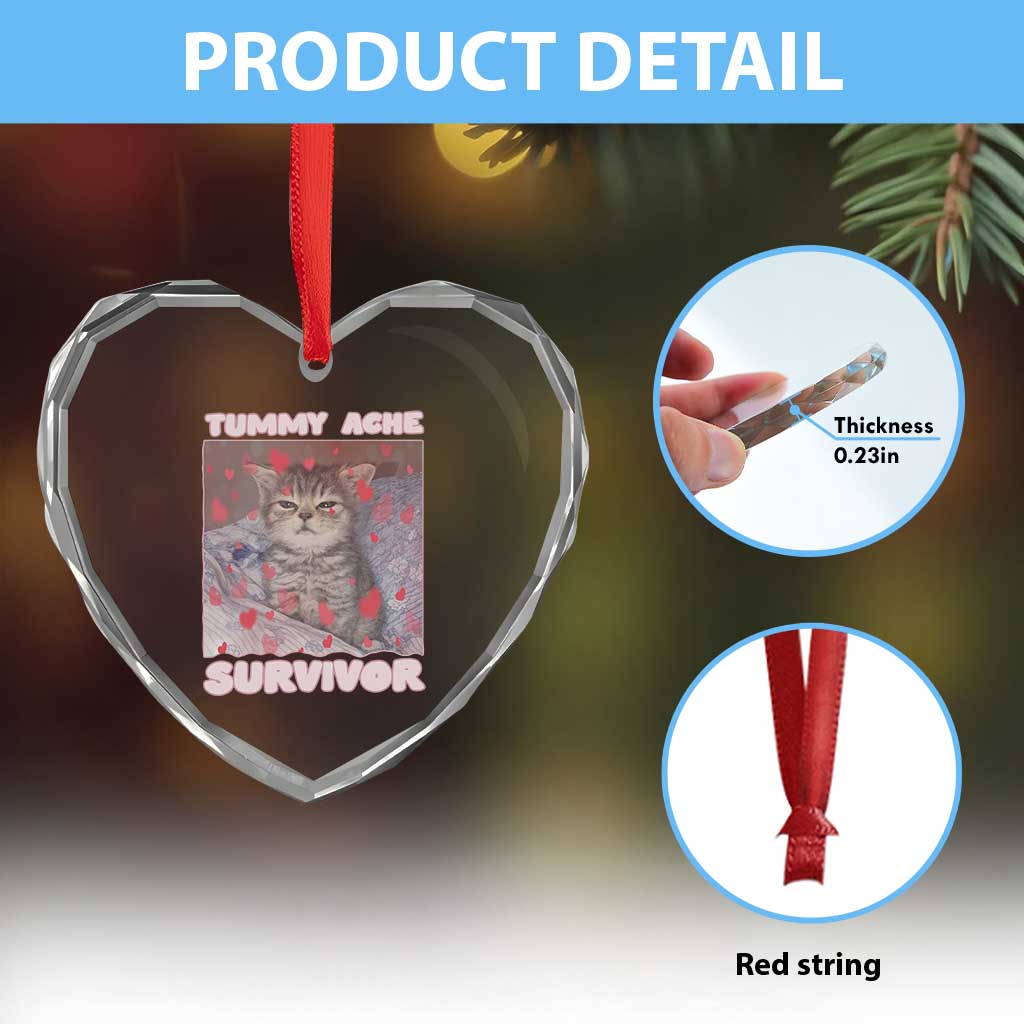 Tummy Ache Survivor Heart Crystal Glass Ornament Funny Cute Cat Meme TS14 Print Your Wear