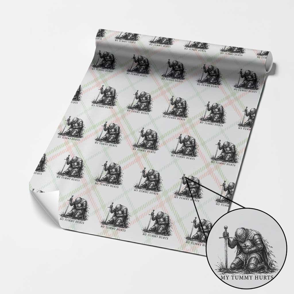 Tummy Hurts Funny Medieval Knight Wrapping Paper Roll Dark Fantasy Meme