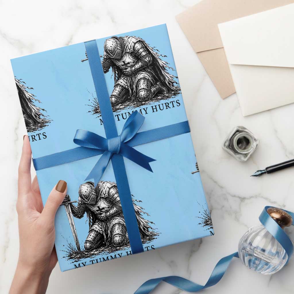 Tummy Hurts Funny Medieval Knight Wrapping Paper Roll Dark Fantasy Meme