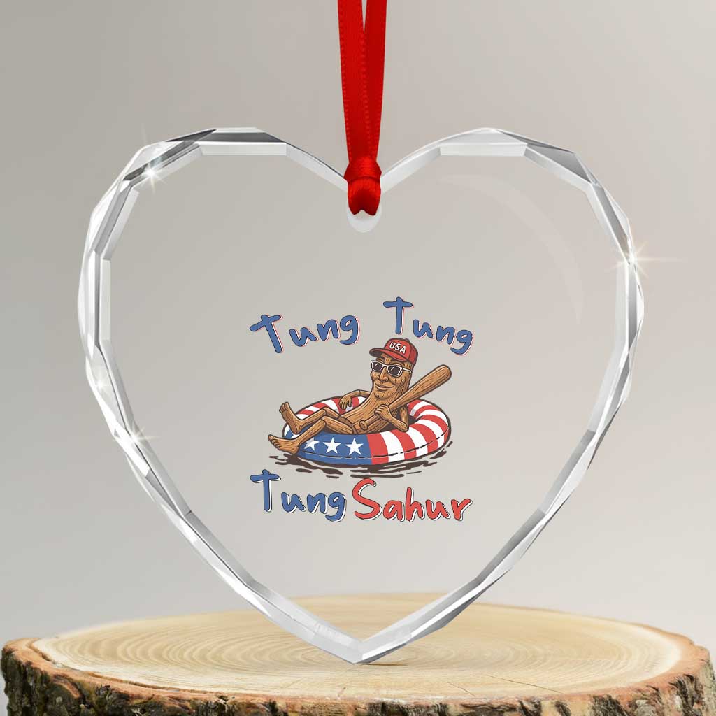 Tung Tung Tung Sahur Italian Brainrot 4th of July Heart Crystal Glass Ornament
