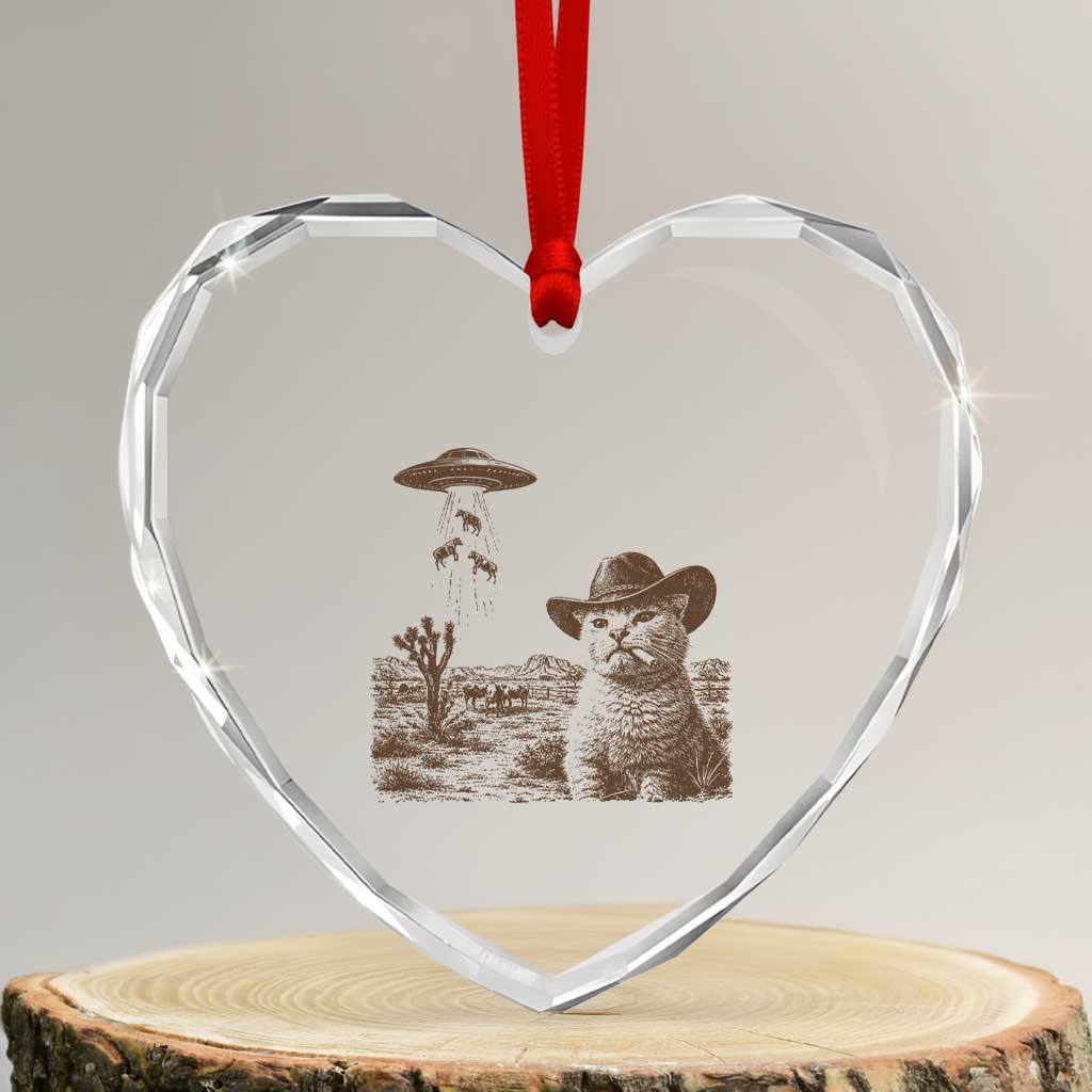 UFO Cowboy Cat Heart Crystal Glass Ornament Vintage Graphic Retro Western Rodeo TS10 Transparent Glass 3'' Heart Print Your Wear