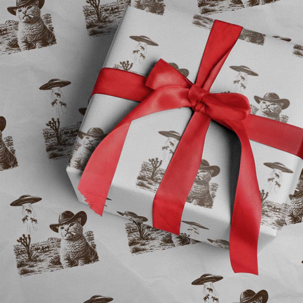 UFO Cowboy Cat Wrapping Paper Roll Vintage Graphic Retro Western Rodeo TS10 White Print Your Wear