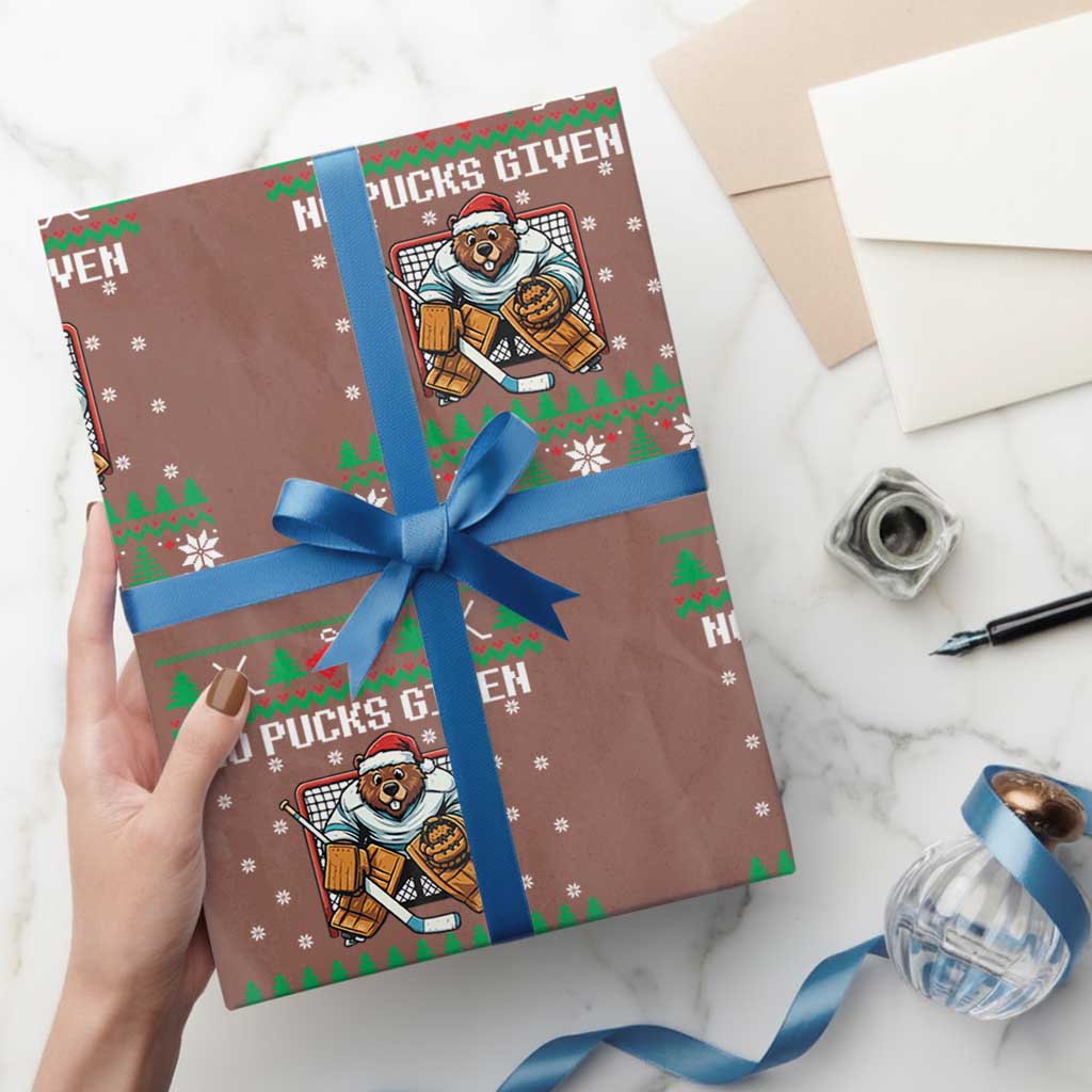 Ugly Christmas Sweater Beaver Ice Hockey Goalie Wrapping Paper Roll No Pucks Given TS12 Mocha Print Your Wear