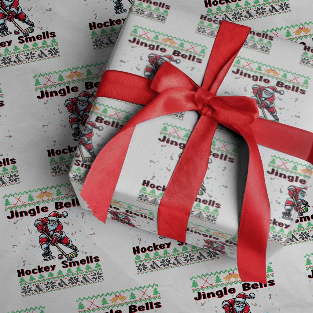 Ugly Christmas Sweater Santa Playing Hockey Wrapping Paper Roll Jingle Bells Hockey Smells TS12 White Print Your Wear