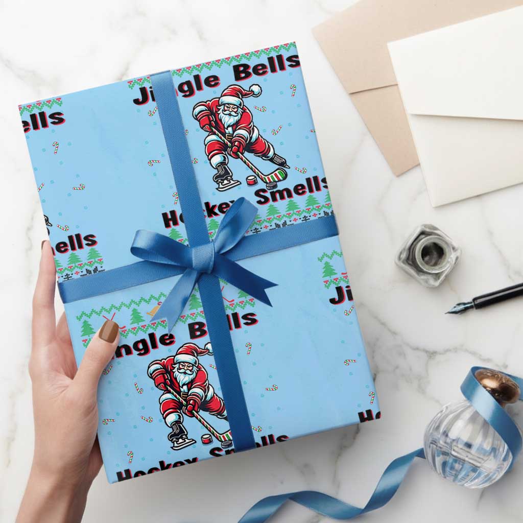 Ugly Christmas Sweater Santa Playing Hockey Wrapping Paper Roll Jingle Bells Hockey Smells TS12 Light Blue Print Your Wear