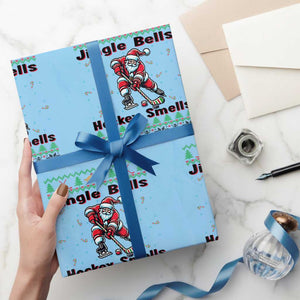 Ugly Christmas Sweater Santa Playing Hockey Wrapping Paper Roll Jingle Bells Hockey Smells TS12 Light Blue Print Your Wear