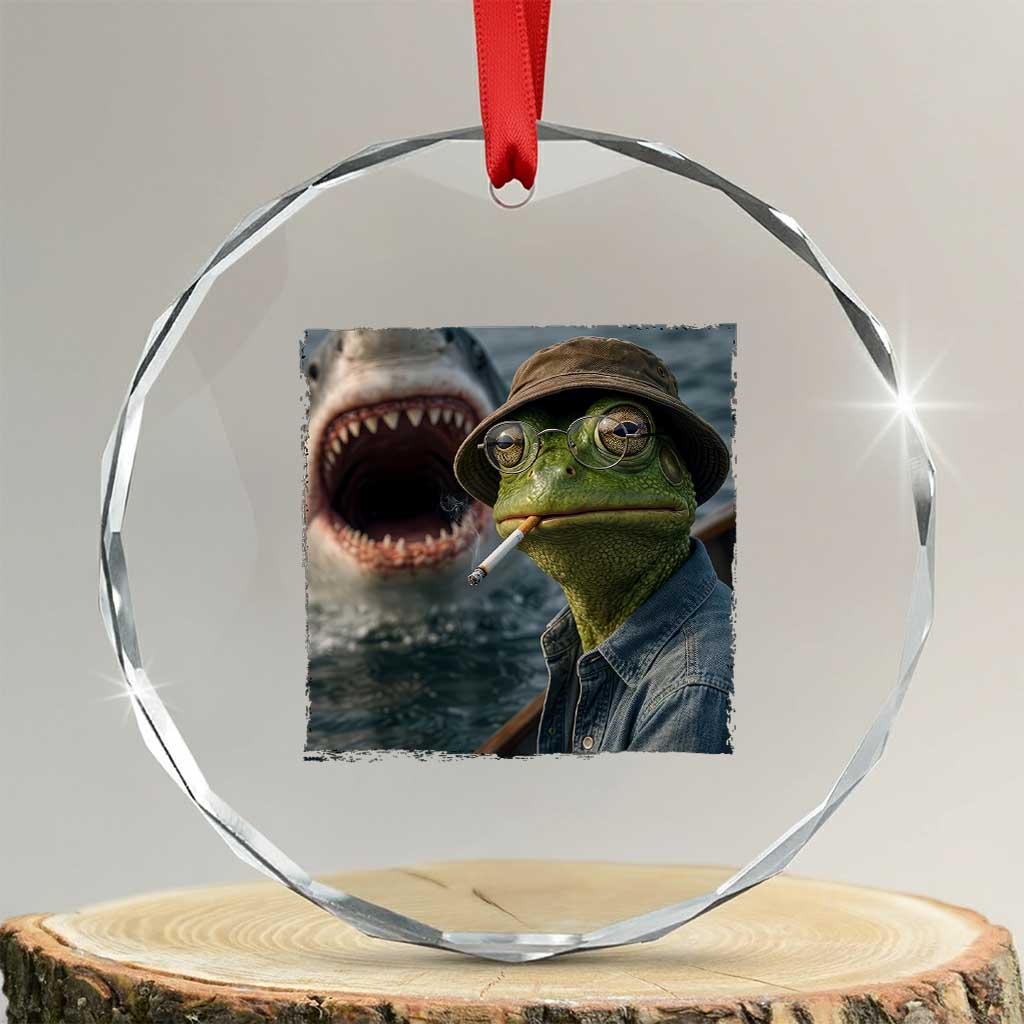 Unbothered Frog Smoking Cigarette Meme Crystal Glass Ornament Cinematic Shark Attack Calmness Graphic Dark Humor TS02 Transparent Glass 3'' Circle Print Your Wear