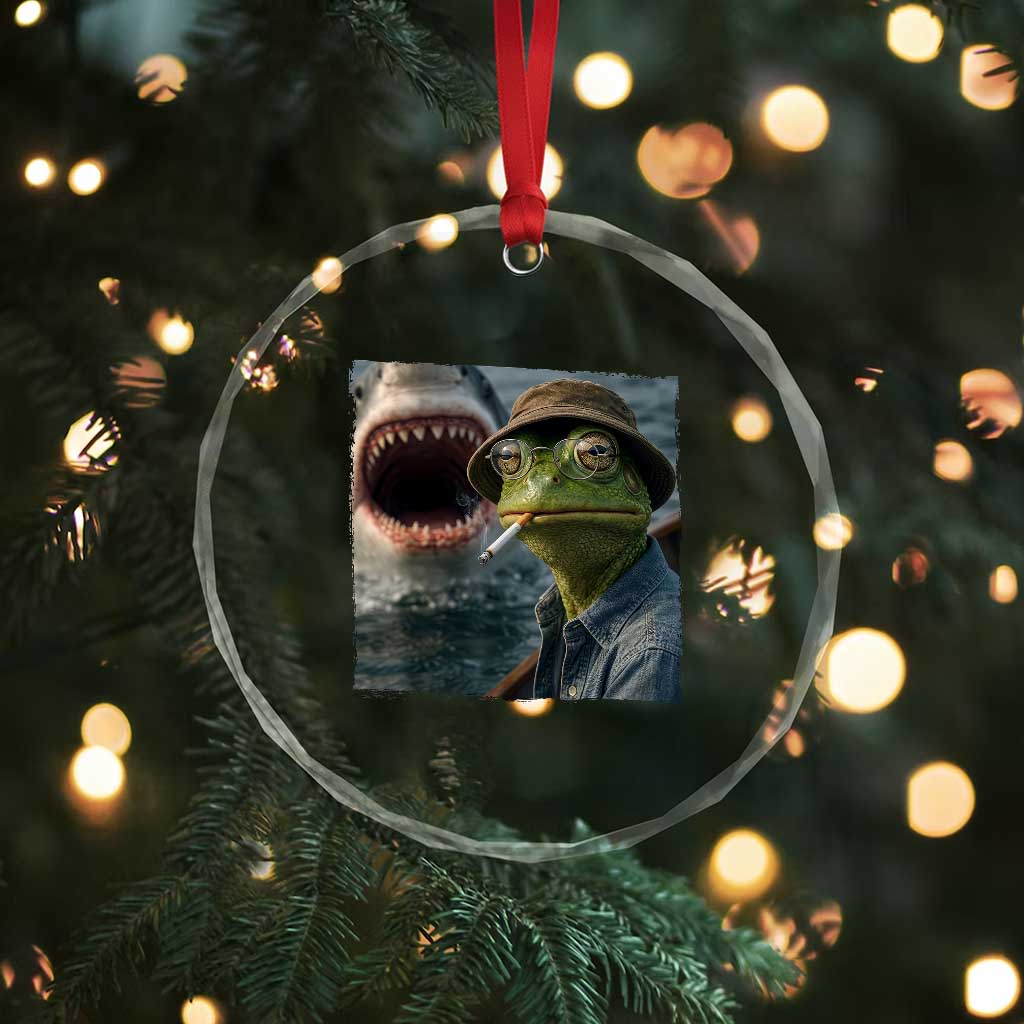 Unbothered Frog Smoking Cigarette Meme Crystal Glass Ornament Cinematic Shark Attack Calmness Graphic Dark Humor