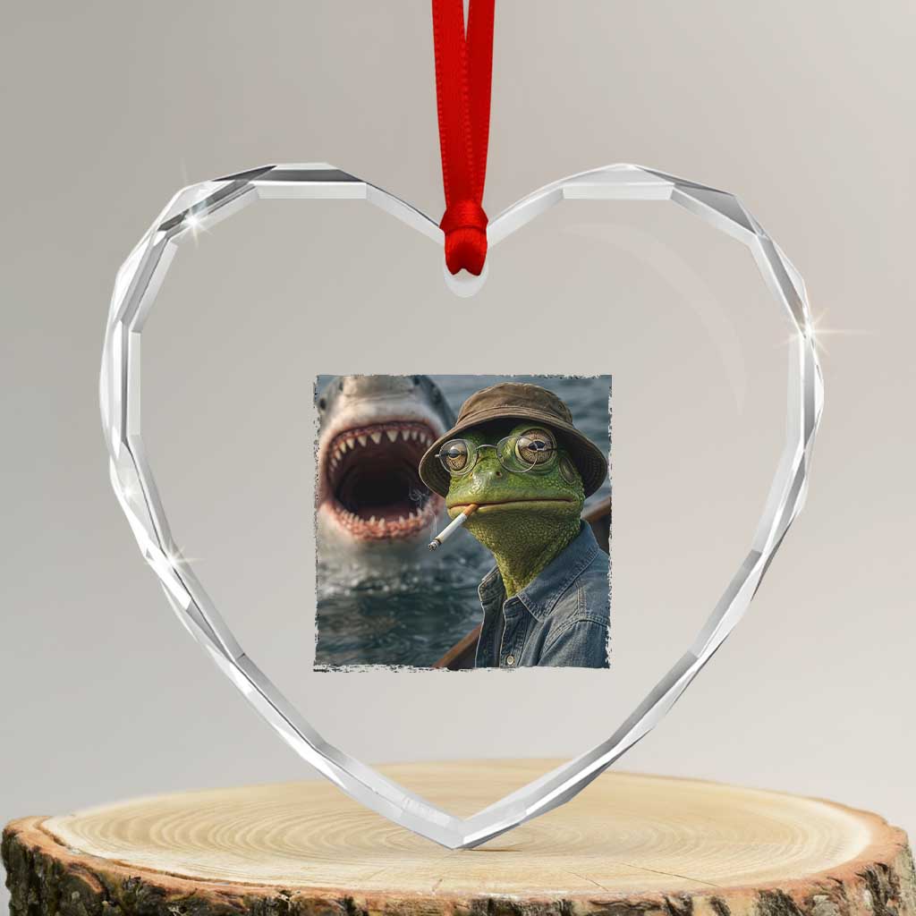 Unbothered Frog Smoking Cigarette Meme Heart Crystal Glass Ornament Cinematic Shark Attack Calmness Graphic Dark Humor TS02 Transparent Glass 3'' Heart Print Your Wear
