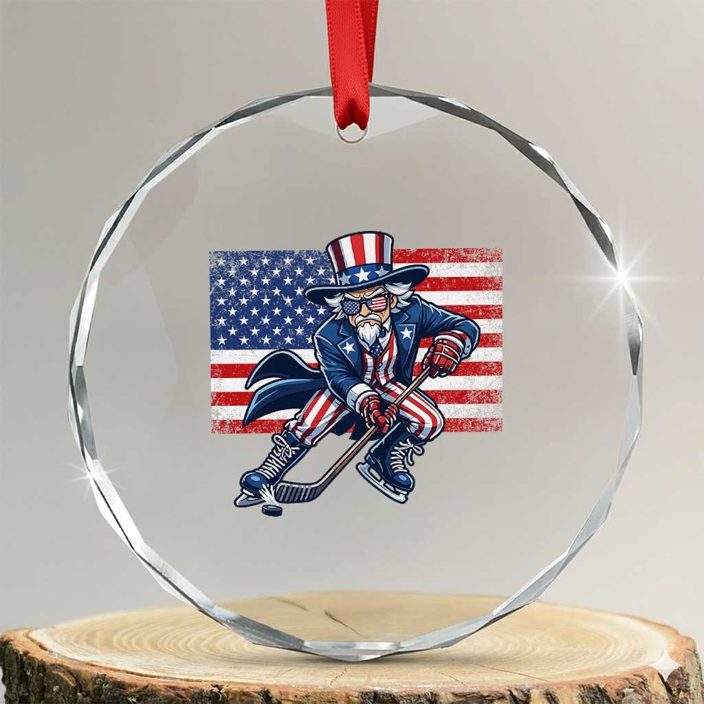 Uncle Sam Hockey Player 4th of July American Flag Crystal Glass Ornament TS14 Transparent Glass 3'' Circle Print Your Wear