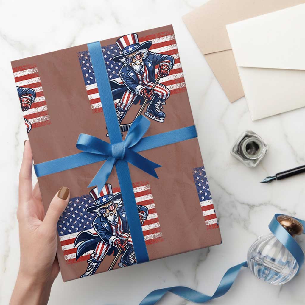 Uncle Sam Hockey Player 4th of July American Flag Wrapping Paper Roll TS14 Mocha Print Your Wear