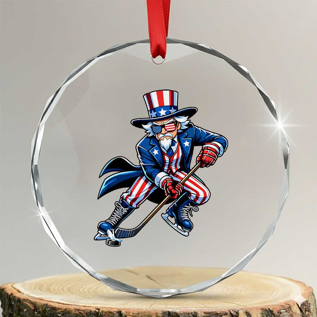 Uncle Sam Playing Hockey Patriotic Graphic Crystal Glass Ornament Funny USA Ice Hockey American Pride TS02 Transparent Glass 3'' Circle Print Your Wear