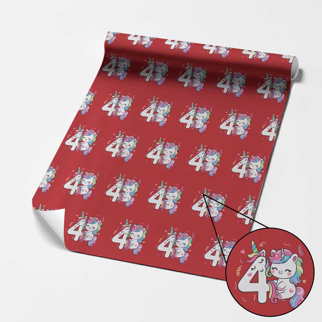 Unicorn 4th Birthday Wrapping Paper Roll 4 Years Old Birthday Outfit TS10 Red Print Your Wear