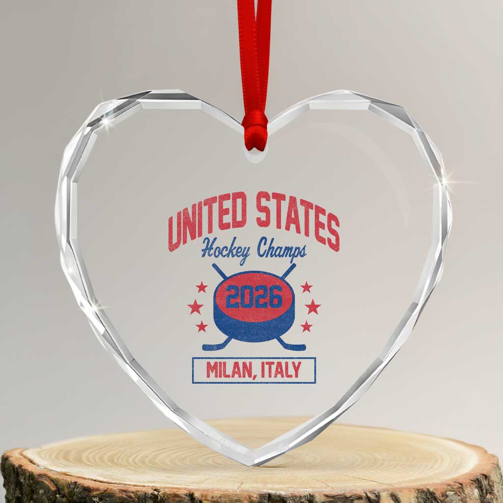 United States Hockey Champs 2026 Milan Italy Heart Crystal Glass Ornament Patriotic USA Gold Medal Winter Games Fan TS02 Transparent Glass 3'' Heart Print Your Wear