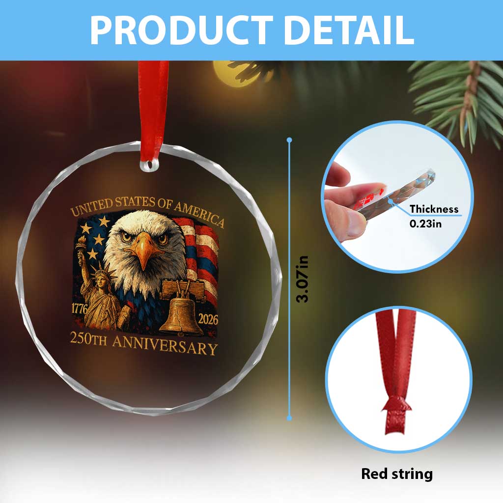 US 250th Anniversary Crystal Glass Ornament Retro Bald Eagle American Flag Patriotic Veterans TS10 Print Your Wear