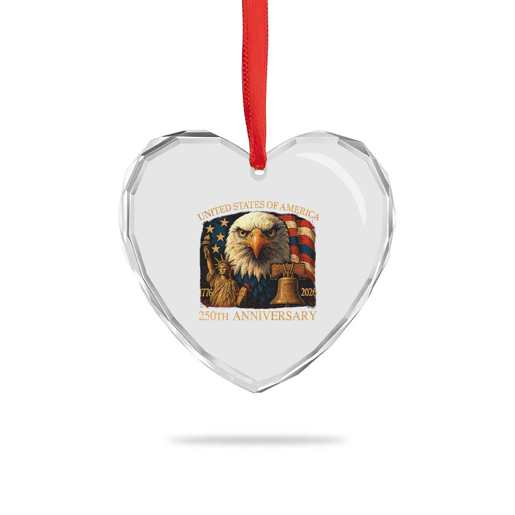 US 250th Anniversary Heart Crystal Glass Ornament Retro Bald Eagle American Flag Patriotic Veterans TS10 Print Your Wear