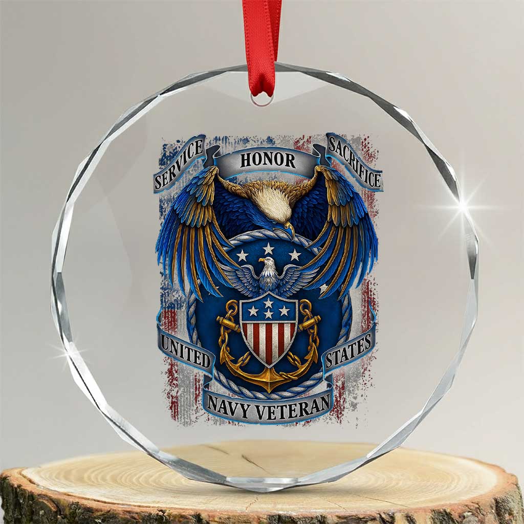 US Navy Veteran Service Honor Sacrifice Crystal Glass Ornament Vintage Bald Eagle American Flag Anchor TS11 Transparent Glass 3'' Circle Print Your Wear