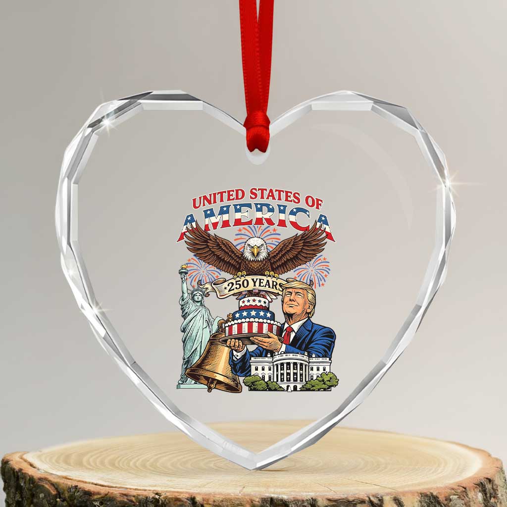 USA 250 Year Birthday Patriotic Celebration Heart Crystal Glass Ornament Trump Eagle and Liberty Bday Cake TS02 Transparent Glass 3'' Heart Print Your Wear
