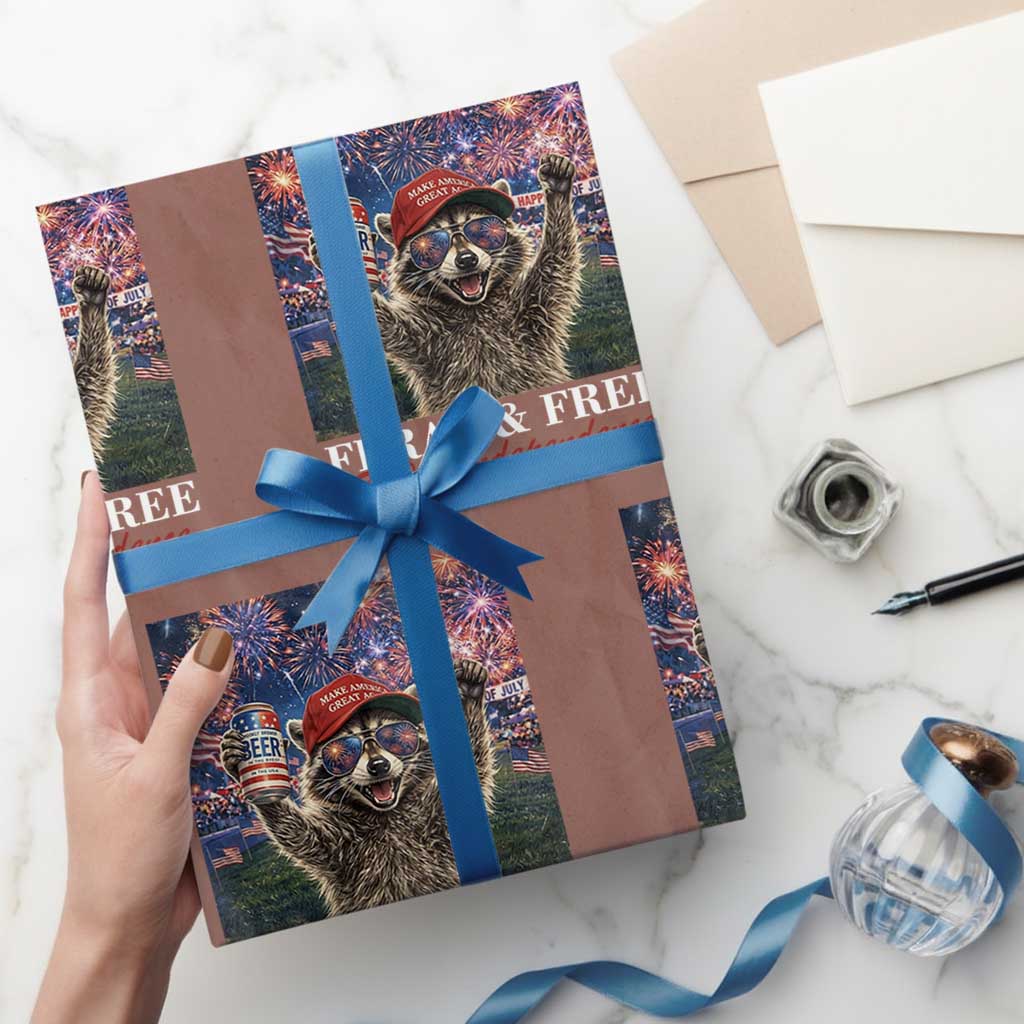 USA 250 Years Freedom Wrapping Paper Roll Feral and Free Funny Raccoon Driking Beer 4th of July TS14 Mocha Print Your Wear