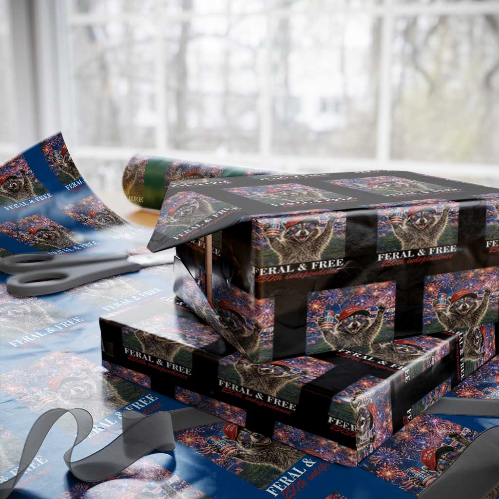 USA 250 Years Freedom Wrapping Paper Roll Feral and Free Funny Raccoon Driking Beer 4th of July TS14 Black Print Your Wear