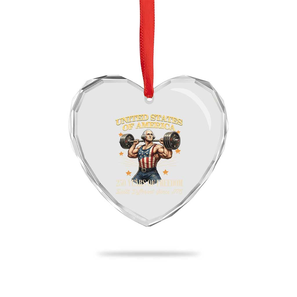 USA 250 Years of Freedom Muscular George Washington Weightlifter Heart Crystal Glass Ornament Built Different Since 1776 Funny Patriotic 1st President Bodybuilder