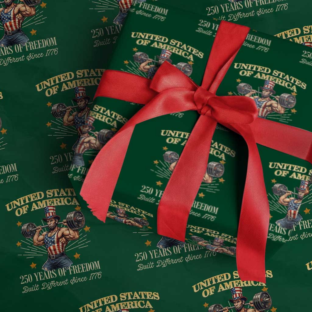 USA 250 Years of Freedom Muscular Uncle Sam Weightlifter Wrapping Paper Roll Built Different Since 1776 Funny Patriotic Buff Graphic