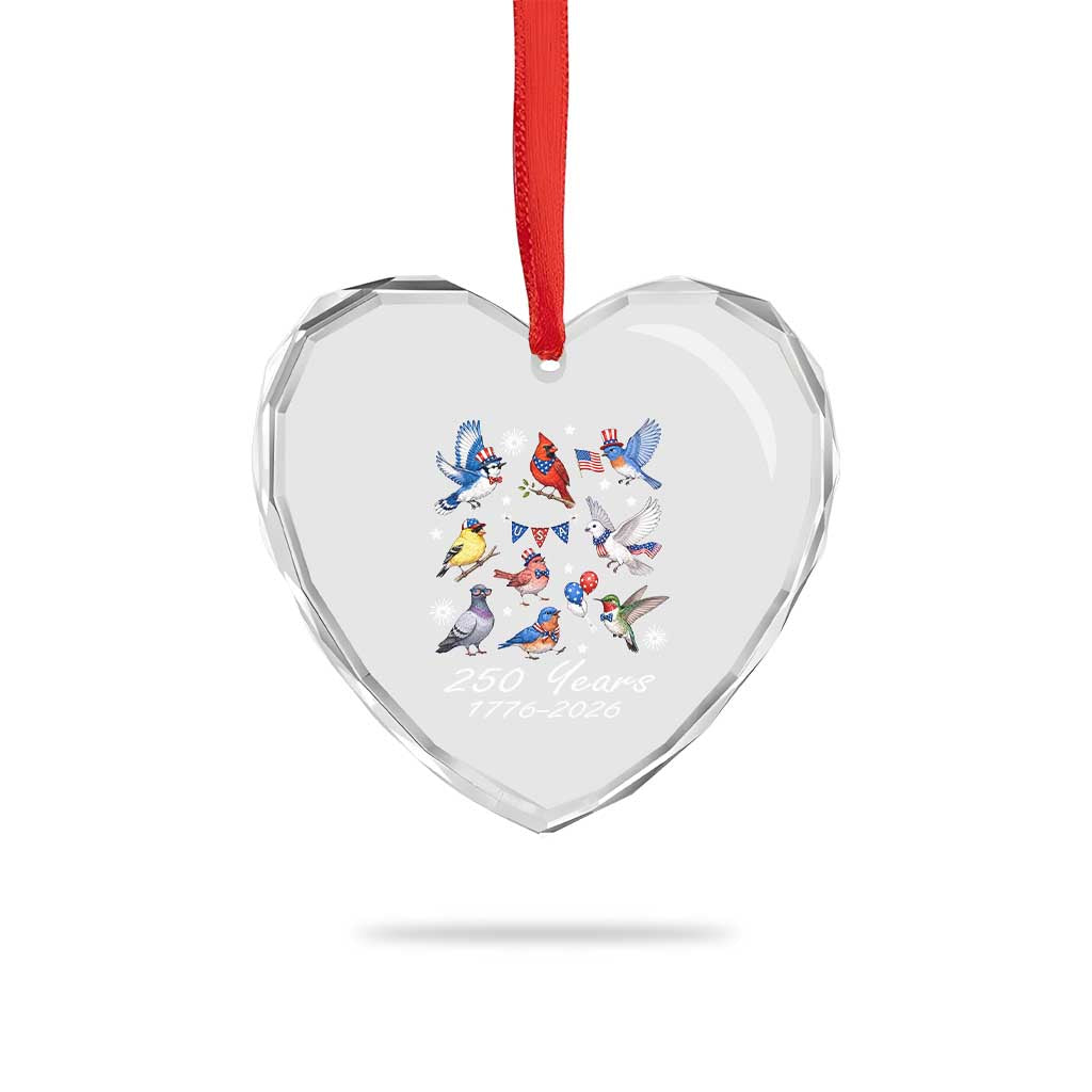 USA 250th Anniversary Bird Heart Crystal Glass Ornament Patriotic American Birds Independence Day Birdwatchers Birders