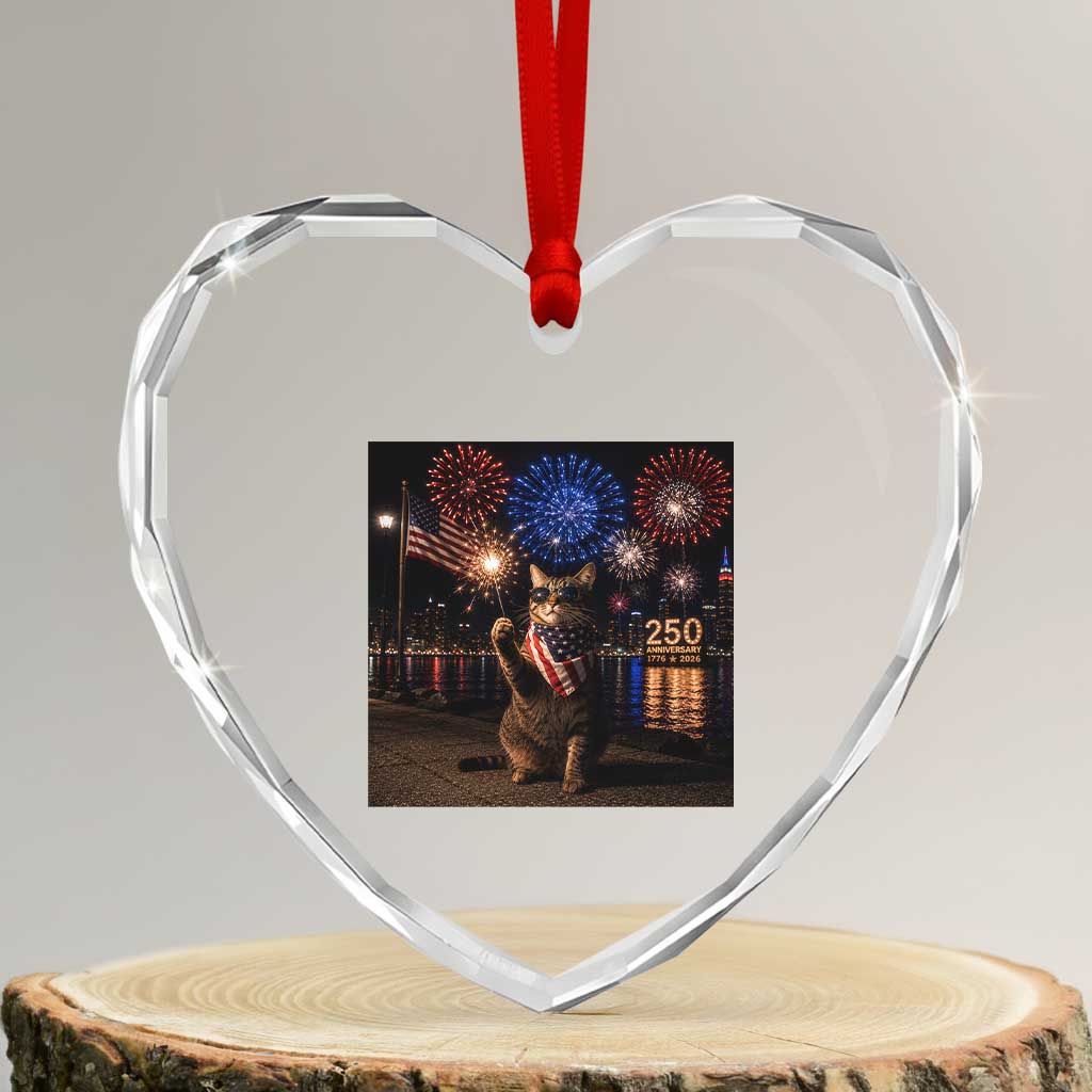 USA 250th Anniversary Cat Heart Crystal Glass Ornament Funny 4th Of July Independence Day 250 Years 1776 2026 Patriotic Celebration Meme